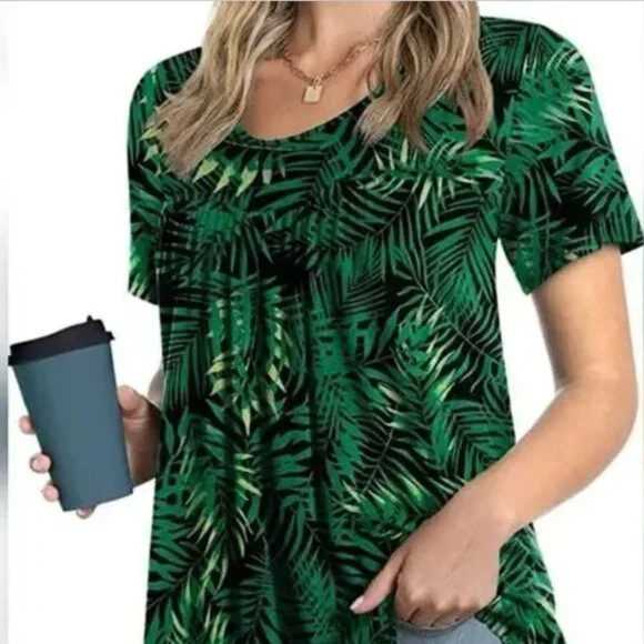 Women’s palm short sleeve, pleated tunic blouse, small - Picture 2 of 5